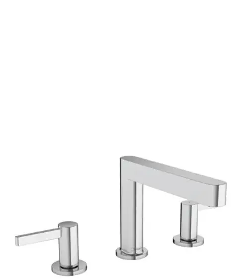 Waschtischarmatur in Chrom-Finish mit drei Komponenten: zwei Bedienhebeln und einem Wasserhahn, von der Marke Hansgrohe.